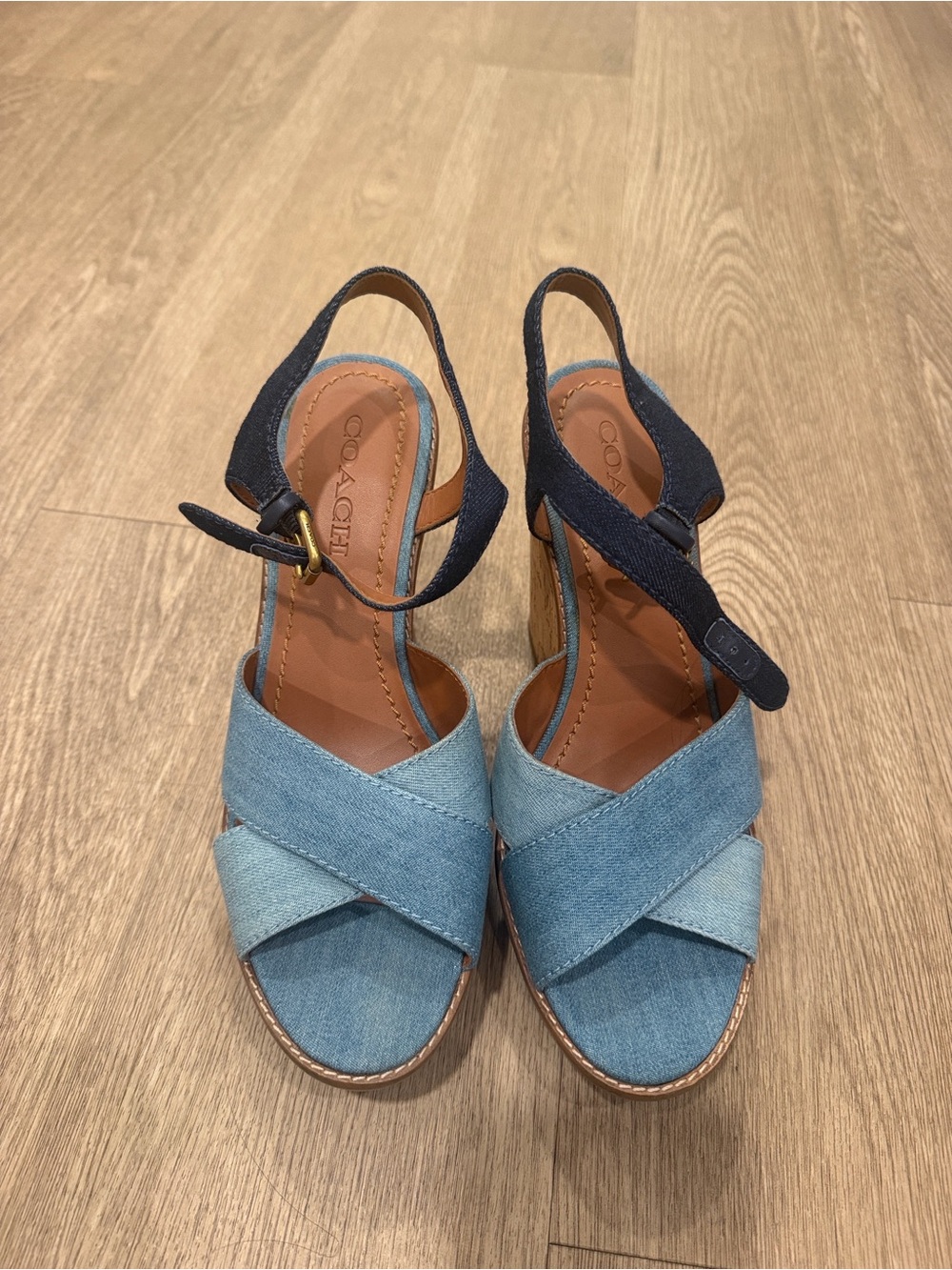 Coach Denim Crisscross Wedge Sandals in Light and Dark Blue